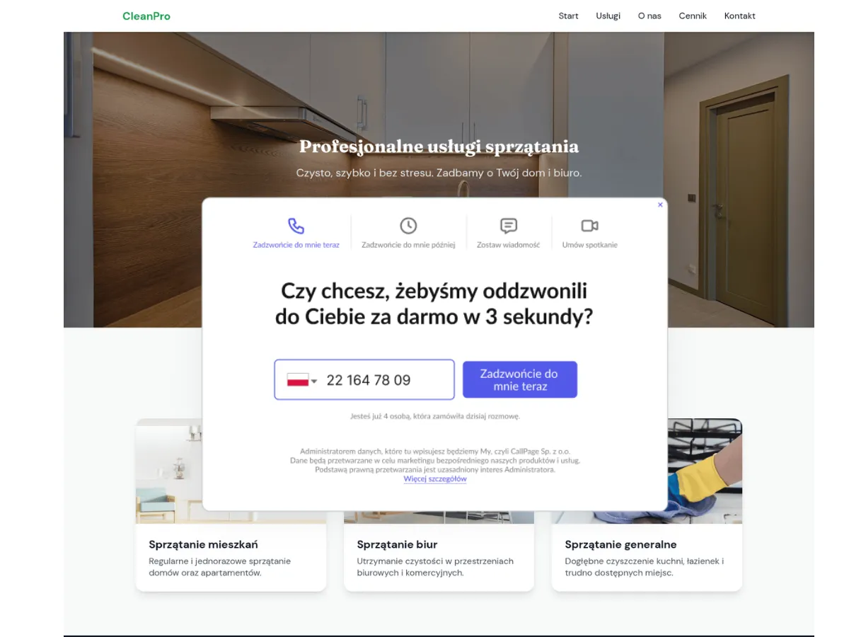 widget callpage na przykładowej stronie firmy sprzątającej