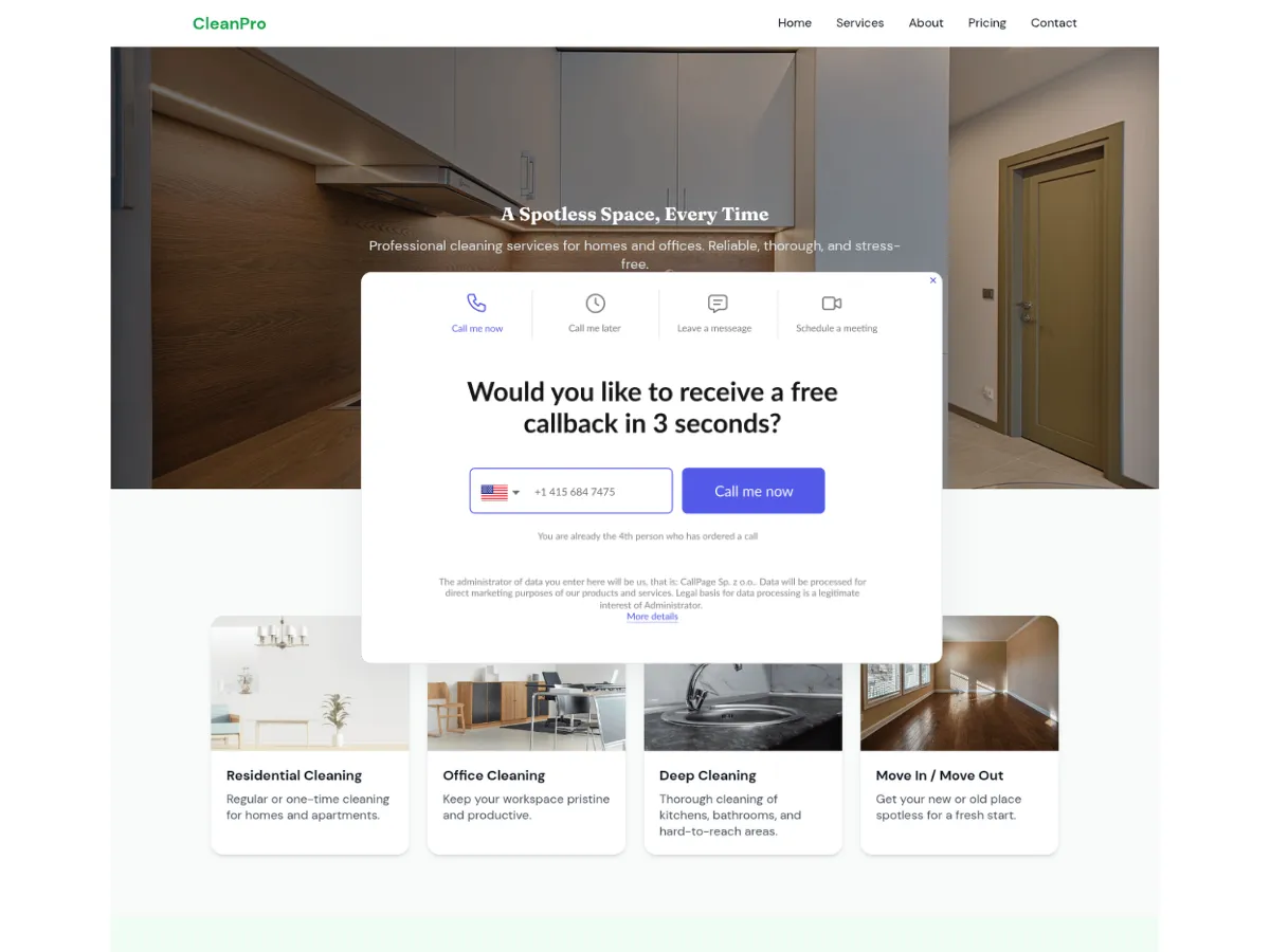 callBack pop up on cleaning services page