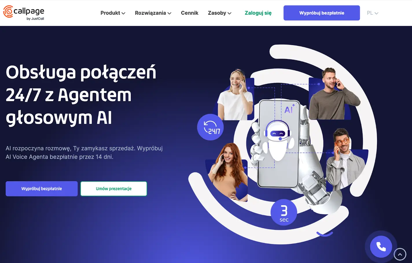 Zrzut ekranu z strony prezentujący agenta głosowego ai od CallPage