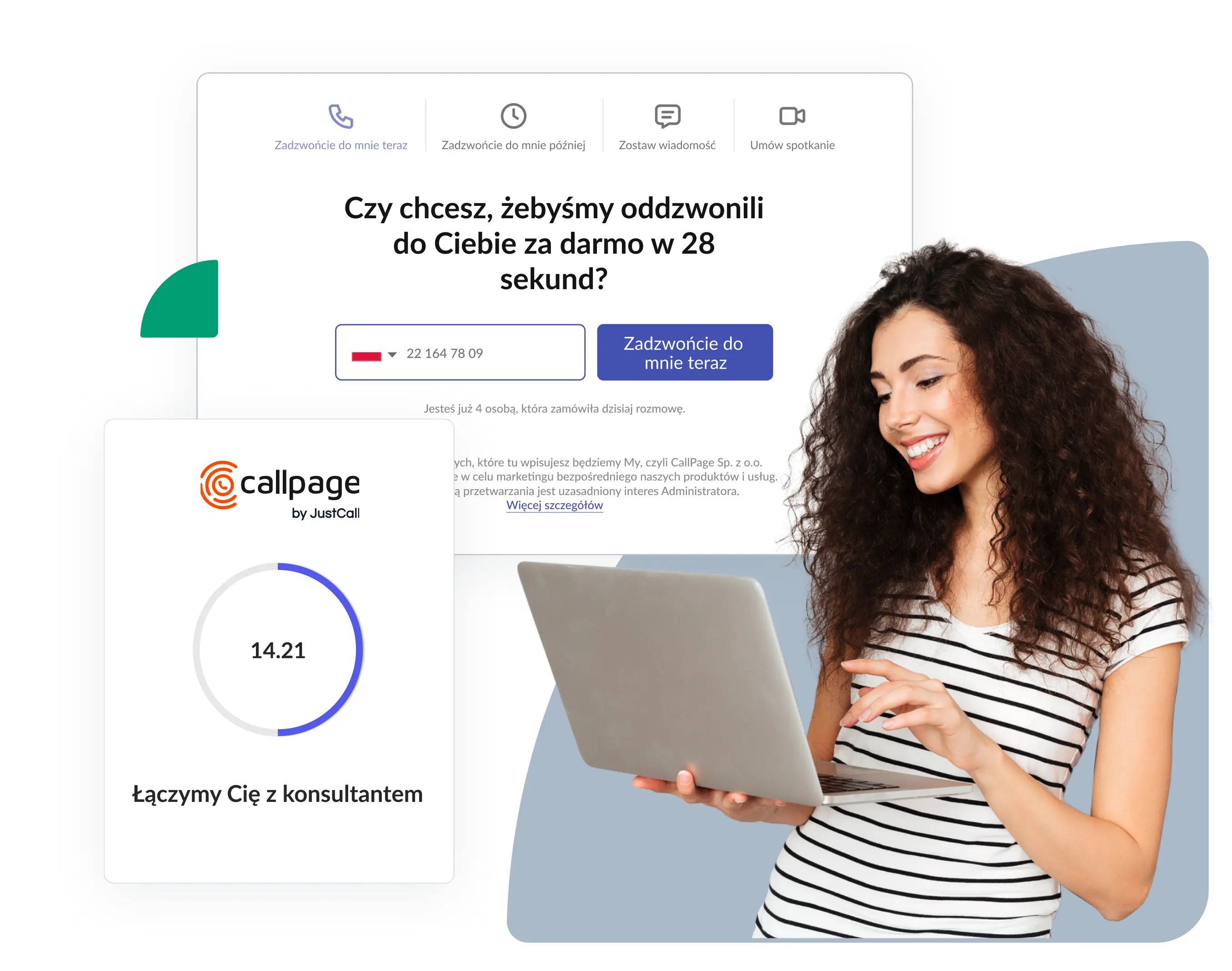 kobieta zamawia automatyczne połączenie przez widget CallPage