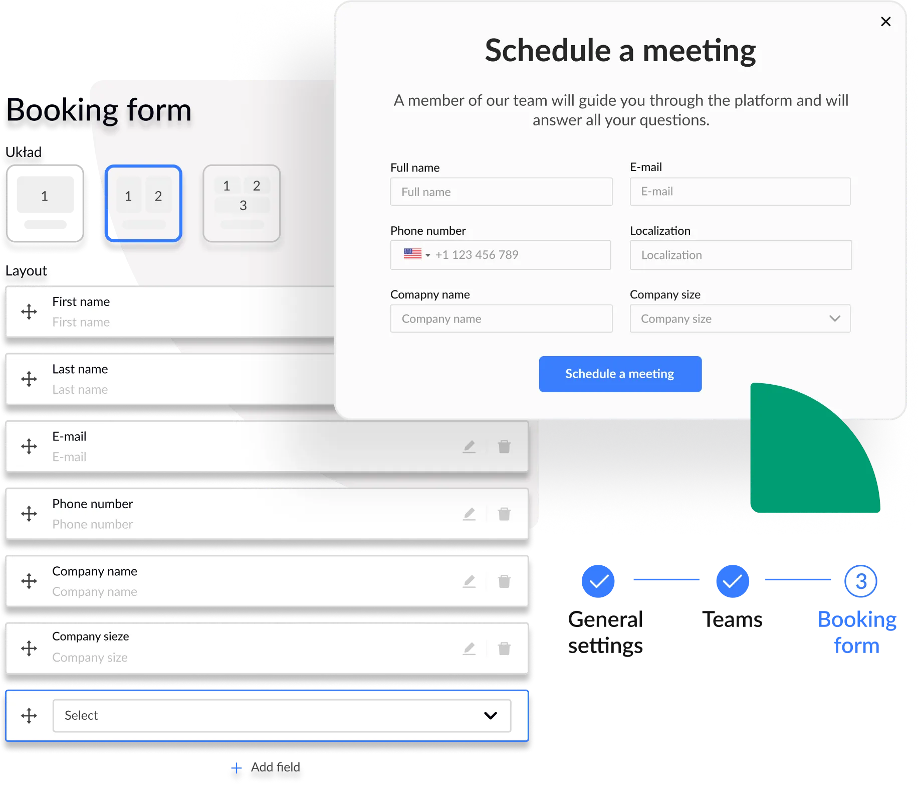 The process of creating a meeting scheduling widget and customizing booking form options.