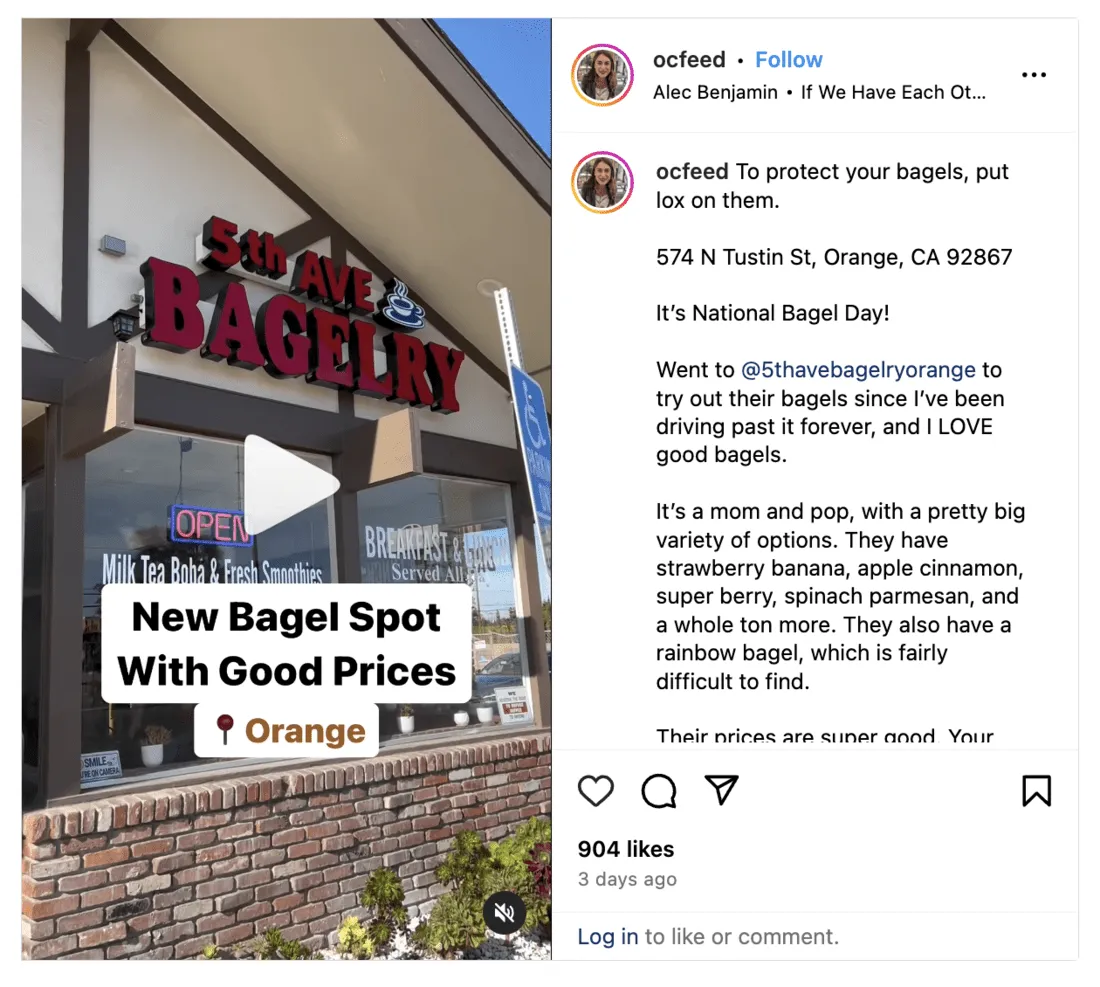 OCFeed Instagram post, an example of local lead generation