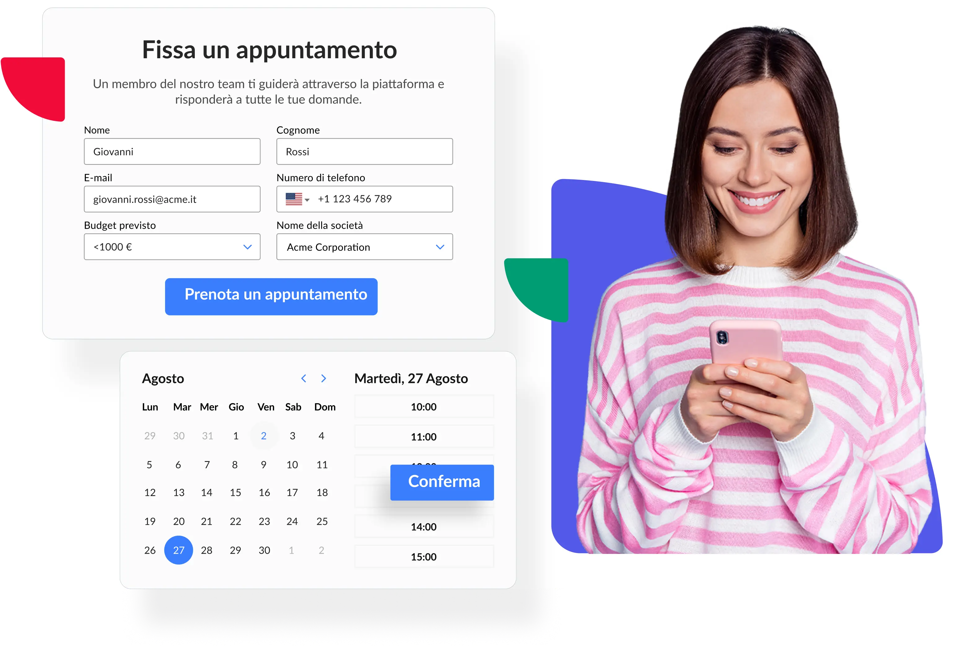 Donna che utilizza il widget CallPage per fissare un incontro con l'azienda.