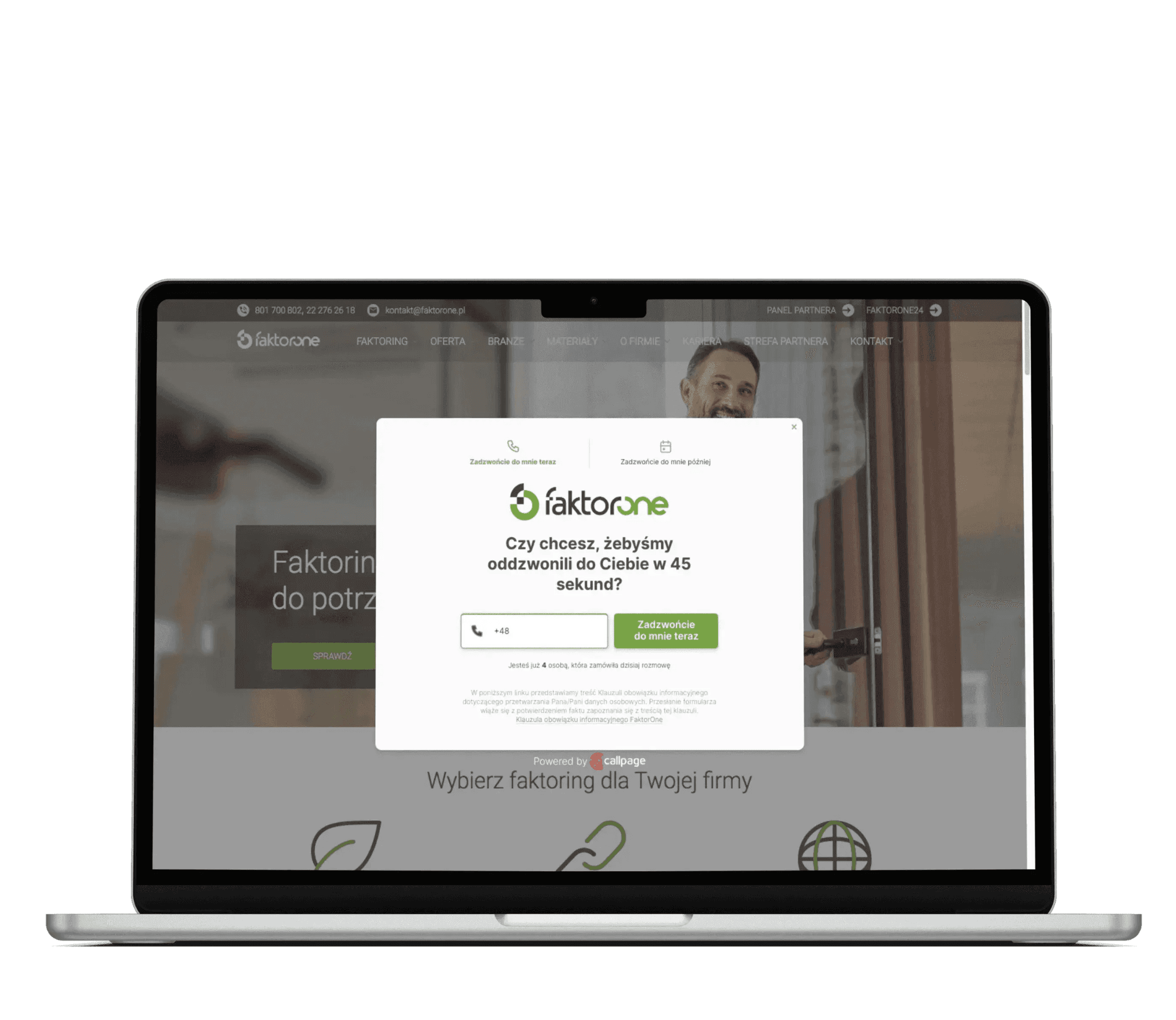 Screenshot of the Faktorone website featuring the CallPage callback widget.