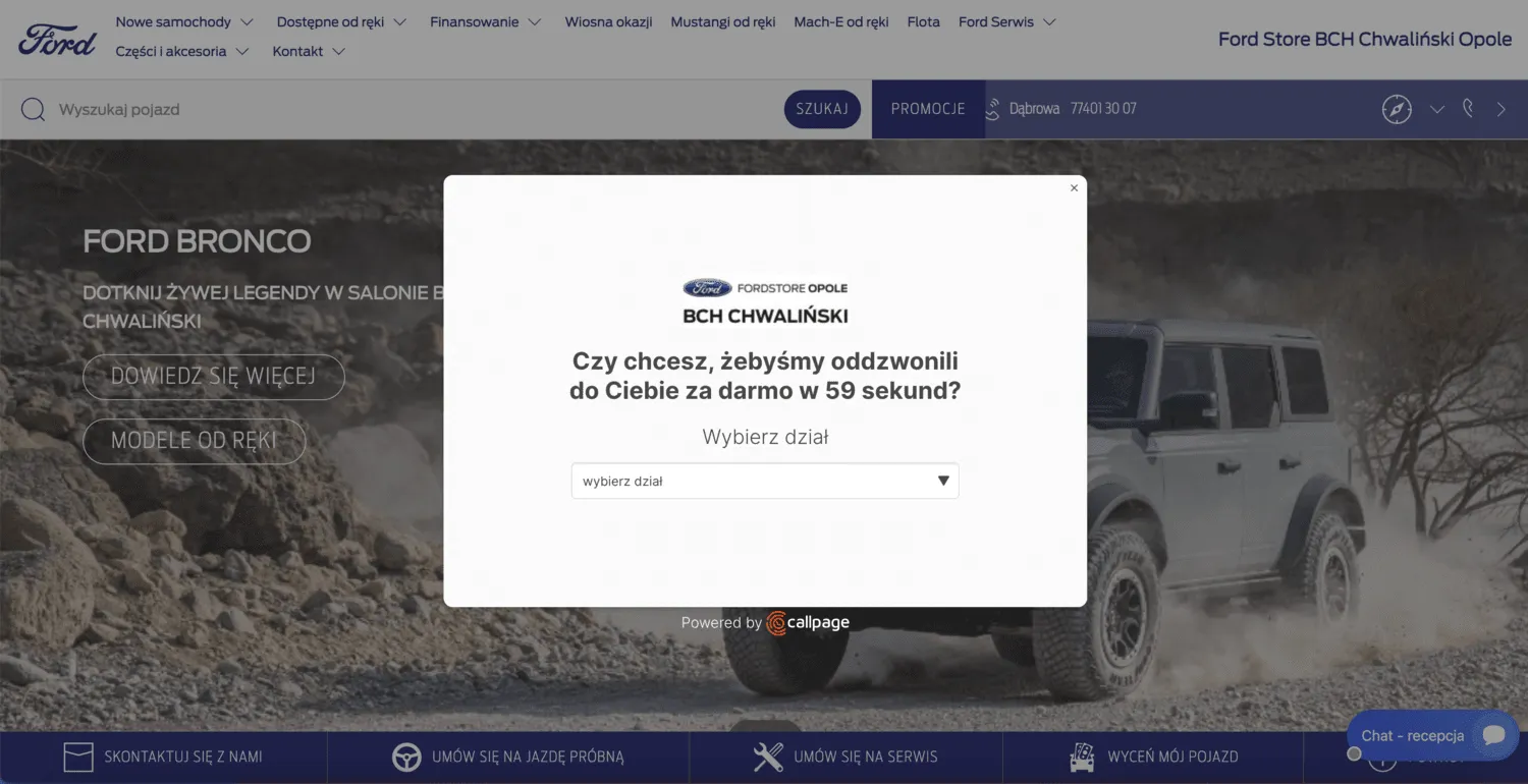 Ford car dealership website screenshot using CallPage