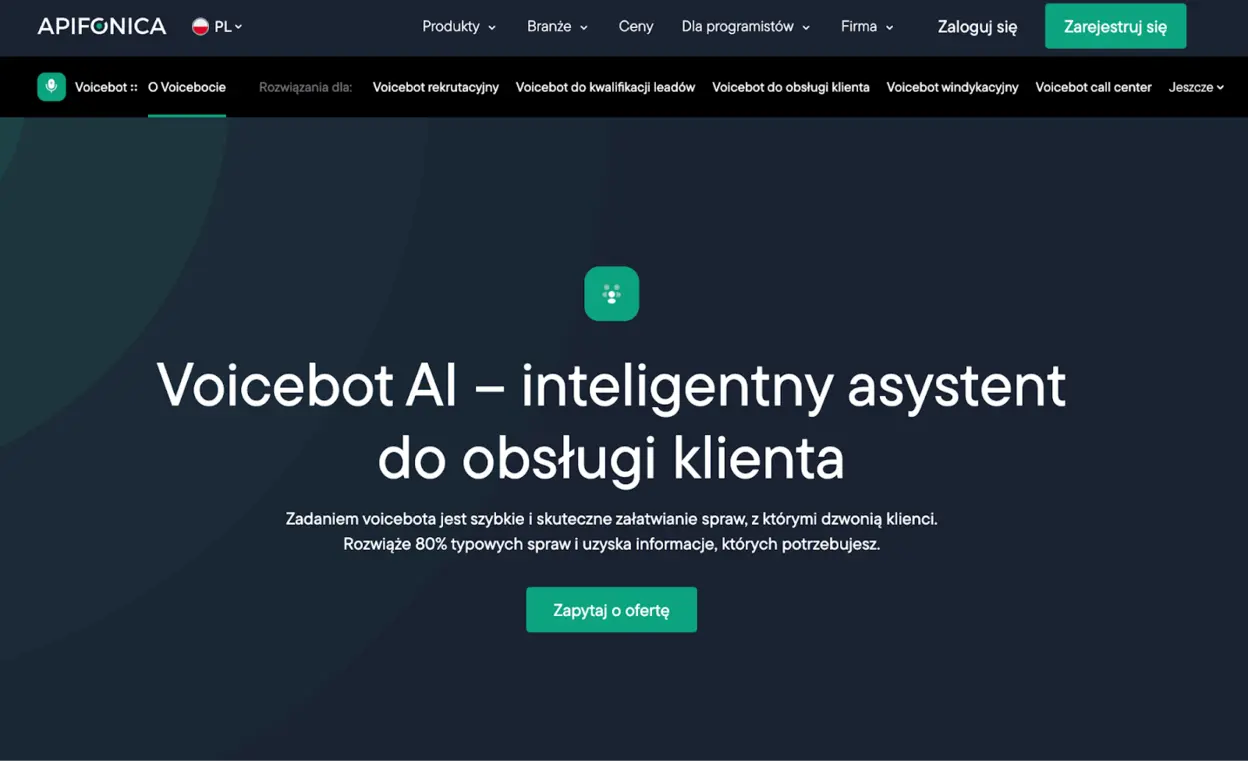 Zrzut ekranu z strony prezentujący agenta głosowego ai od Apifonica