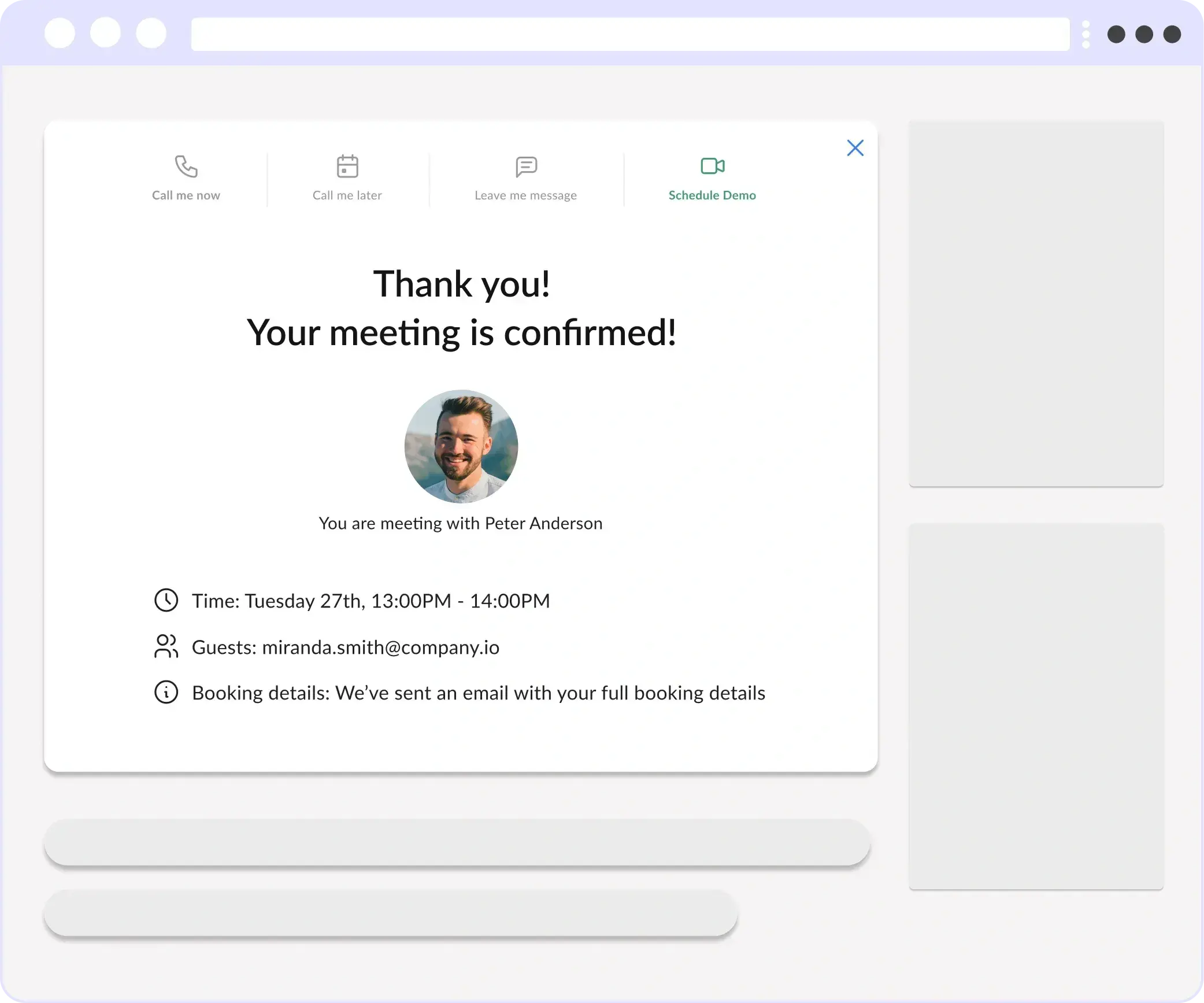 Meeting scheduling form embedded on a landing page