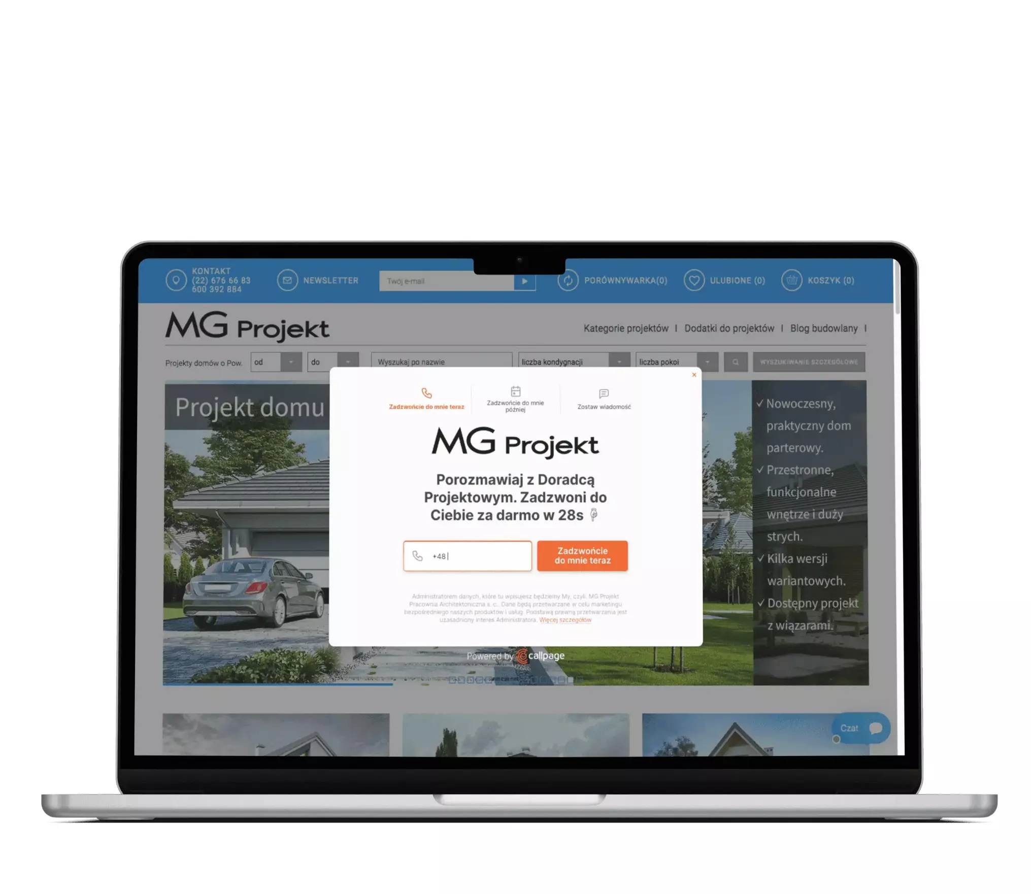 Screenshot of the MGProjekt website featuring the CallPage callback widget.