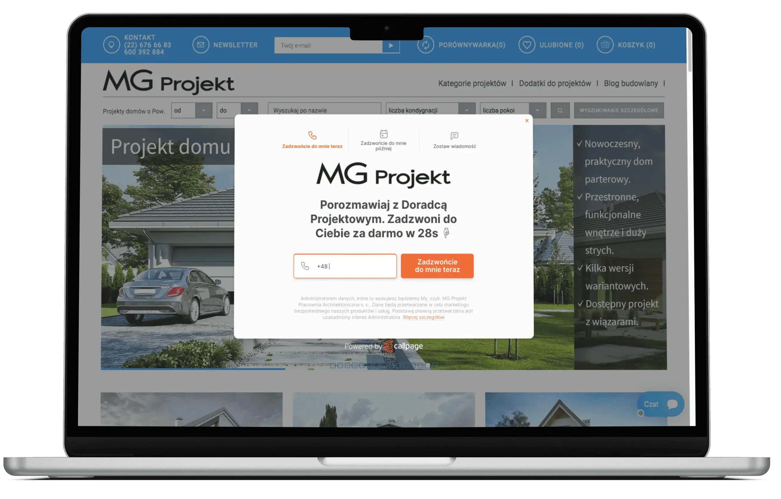 Screenshot of the MGProjekt website featuring the CallPage callback widget.