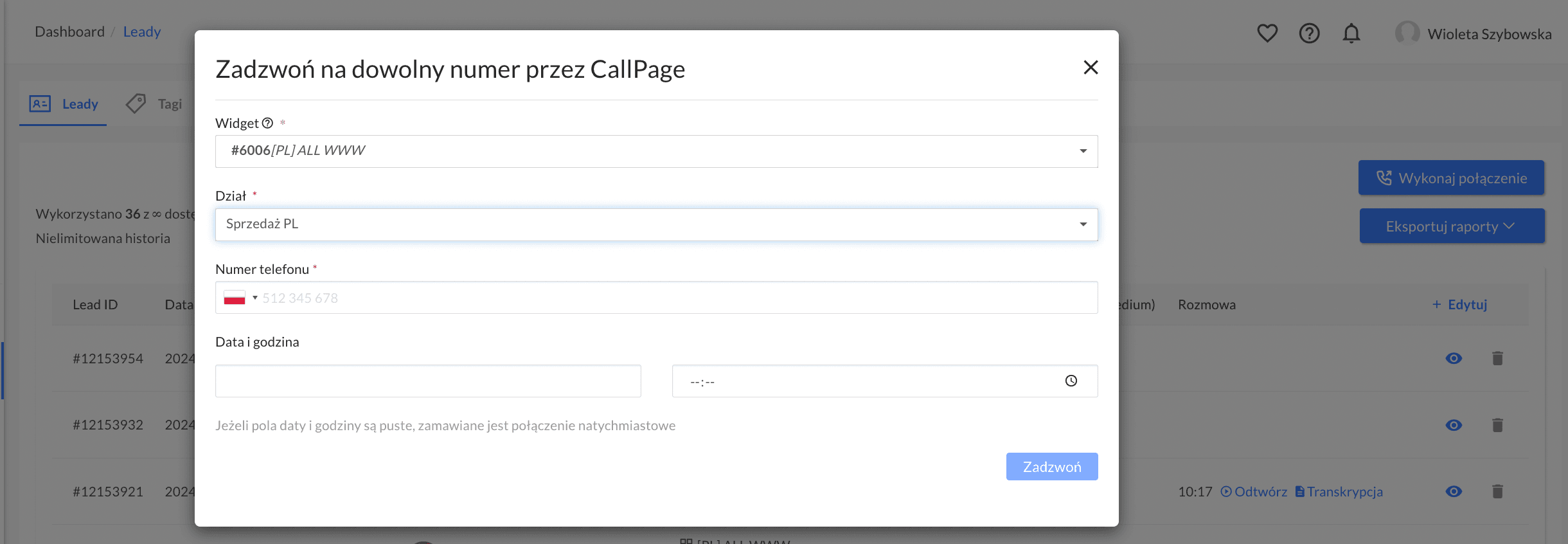 Połączenia wychodzące z CallPage