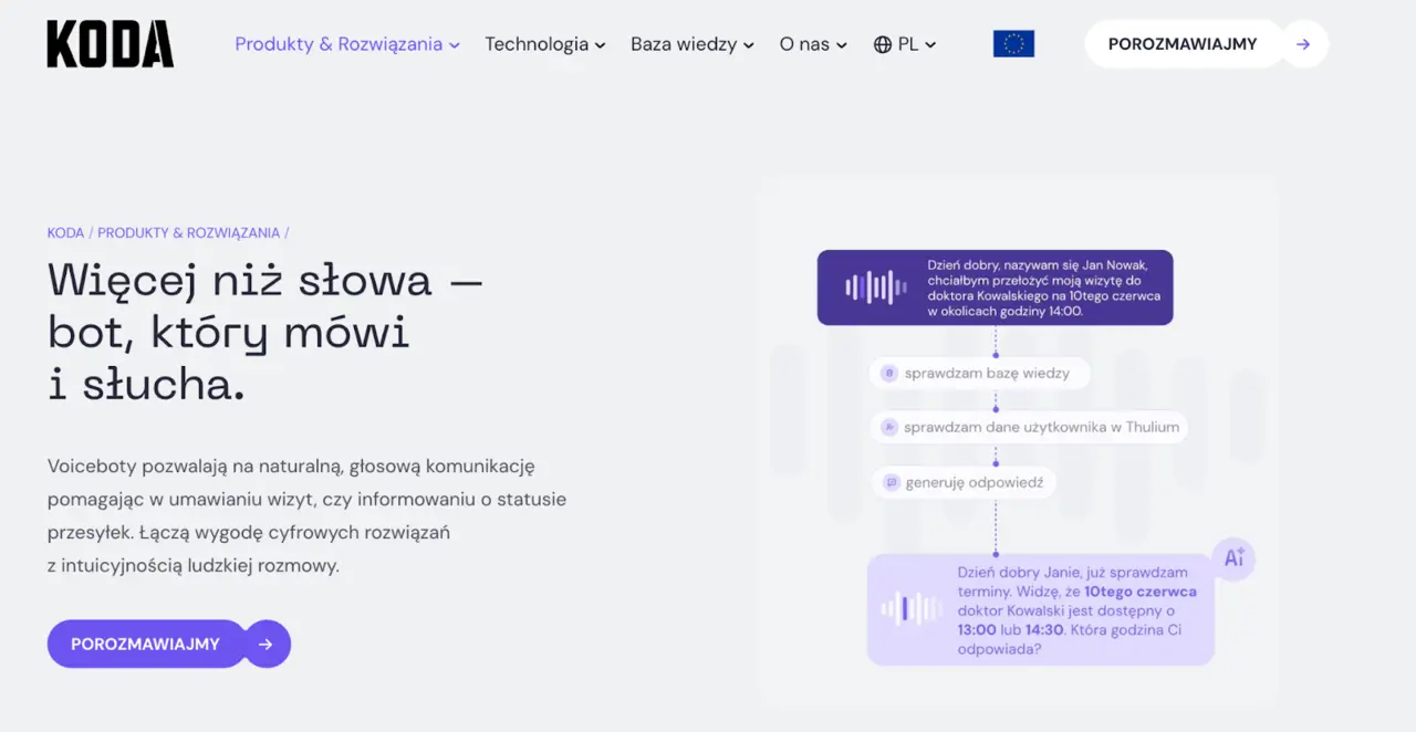 Zrzut ekranu z strony prezentujący agenta głosowego ai od Koda.ai