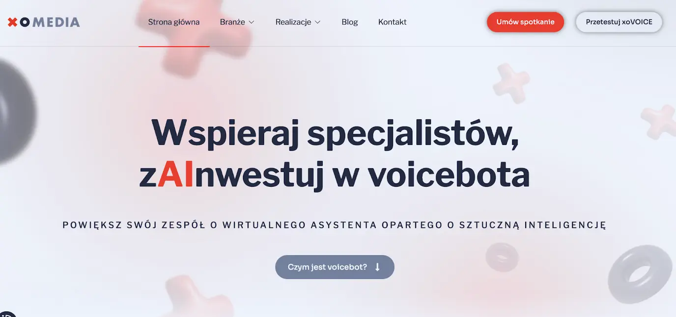 Zrzut ekranu z strony prezentujący agenta głosowego ai od XOVoice